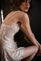 Bej Payetli Askılı Mini Elbise - 3