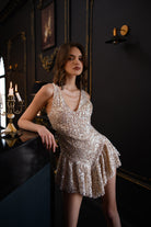 Bej Payetli Askılı Mini Elbise - 4