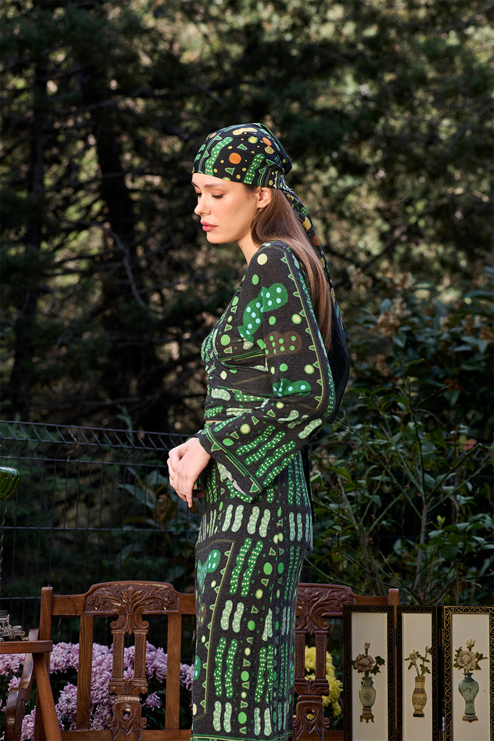 Yeşil Bulut Desenli Kruvaze Bağlamalı Bluz - 3