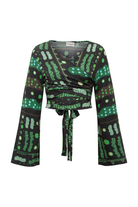 Yeşil Bulut Desenli Kruvaze Bağlamalı Bluz - 4