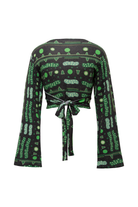 Yeşil Bulut Desenli Kruvaze Bağlamalı Bluz - 5