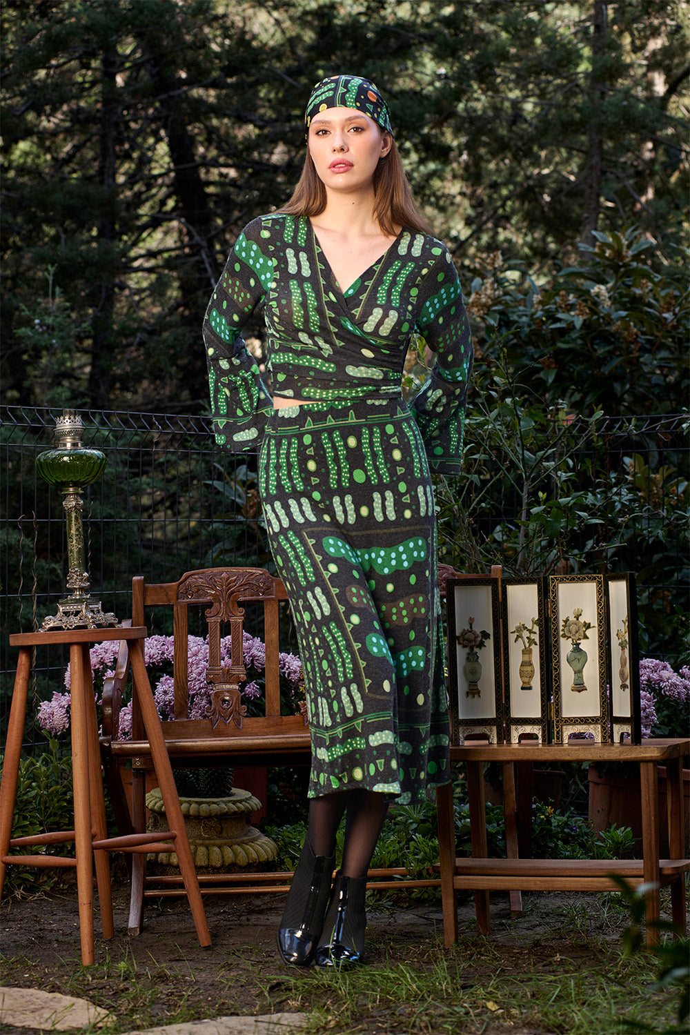 Yeşil Bulut Desenli Uzun Etek - 0