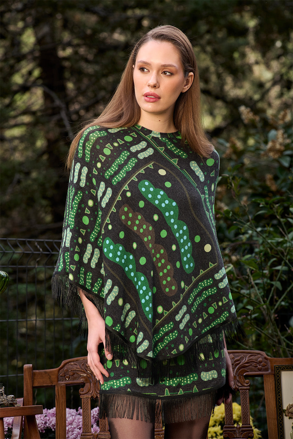 Yeşil Bulut Desenli Saçak Detaylı Mini Etek - 3