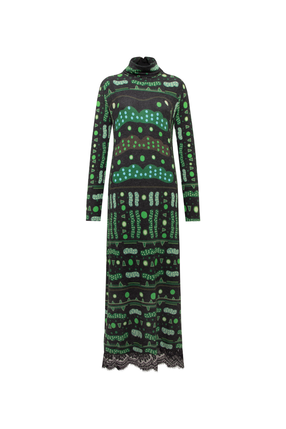 Yeşil Bulut Desenli Dantel Detaylı Uzun Elbise - 3