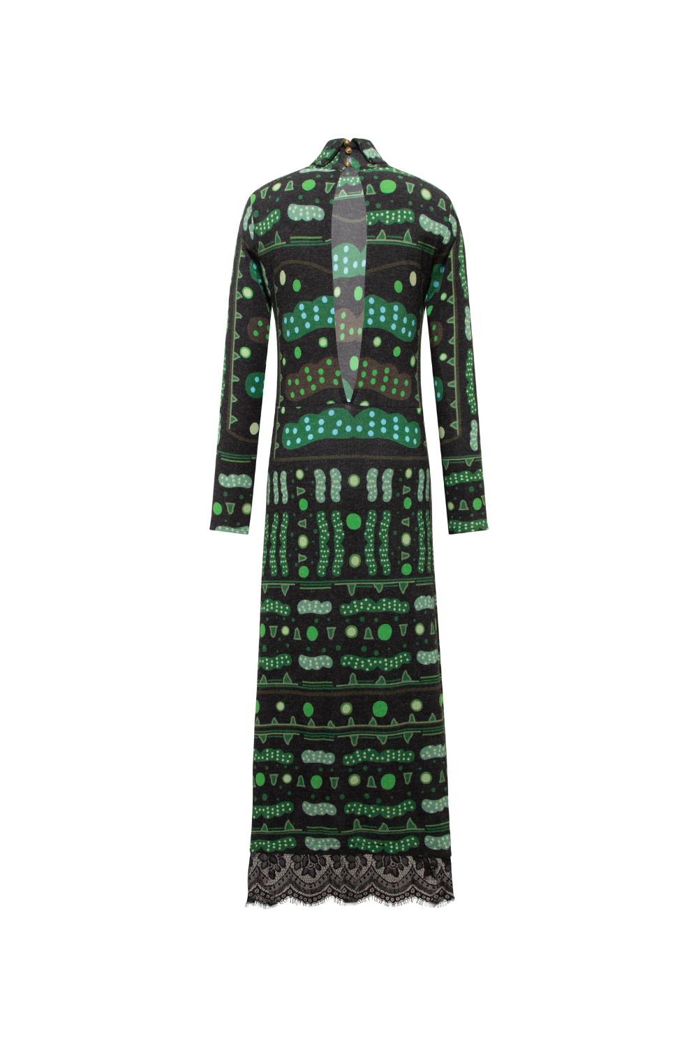 Yeşil Bulut Desenli Dantel Detaylı Uzun Elbise - 4