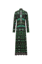 Yeşil Bulut Desenli Dantel Detaylı Uzun Elbise - 4