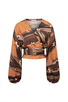 Kahve Ağaç Desenli Kruvaze Bağlamalı Bluz - 4