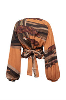 Kahve Ağaç Desenli Kruvaze Bağlamalı Bluz - 5