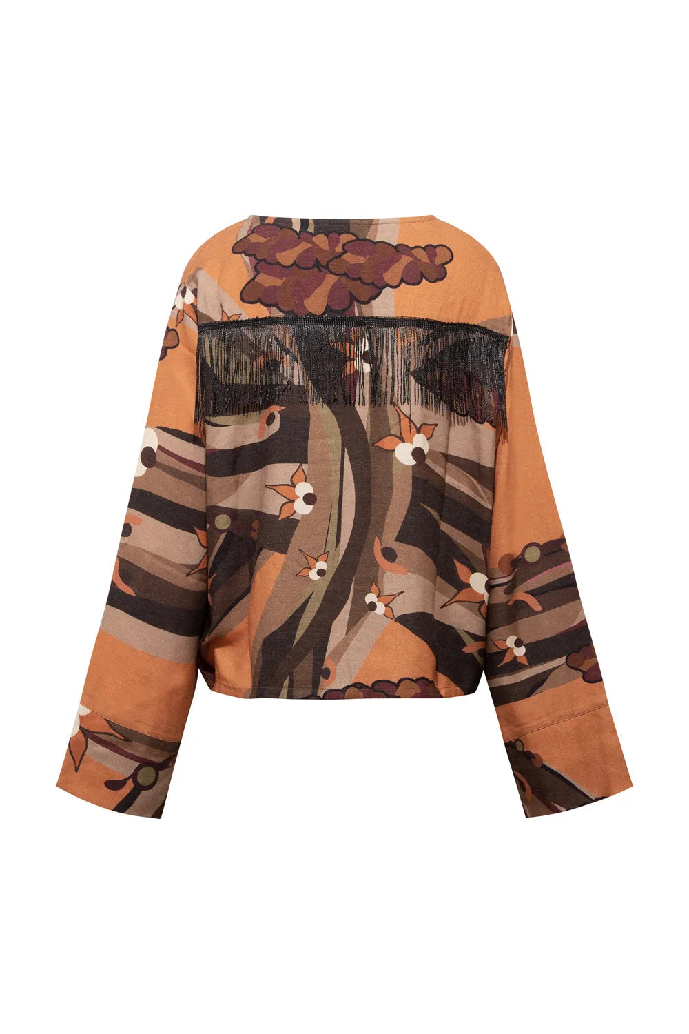 Kahve Ağaç Desenli Sırtı Saçak Detaylı Bluz - 5