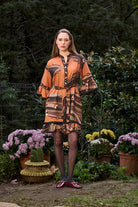 Kahve Ağaç Desenli Volan Kol Detaylı Kısa Elbise - 0