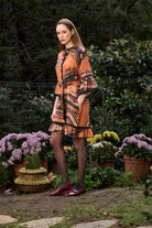 Kahve Ağaç Desenli Volan Kol Detaylı Kısa Elbise - 1