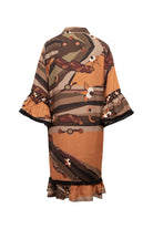 Kahve Ağaç Desenli Volan Kol Detaylı Kısa Elbise - 4