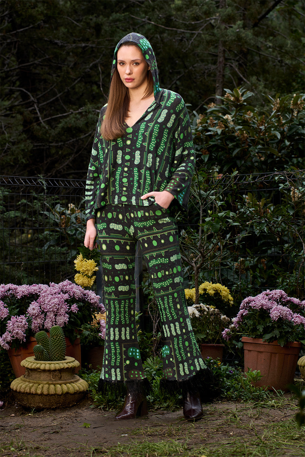 Yeşil Bulut Desenli Tüy Detaylı Pantolon - 1