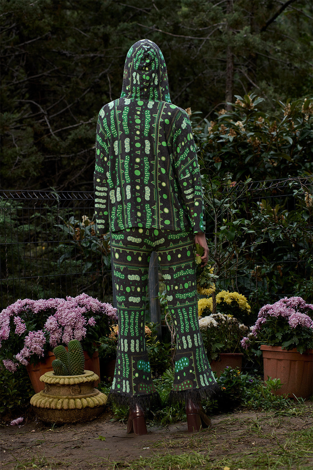 Yeşil Bulut Desenli Tüy Detaylı Pantolon - 4