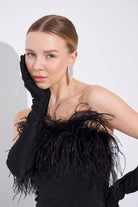 Liana Tüylü Siyah Mini Elbise - 4