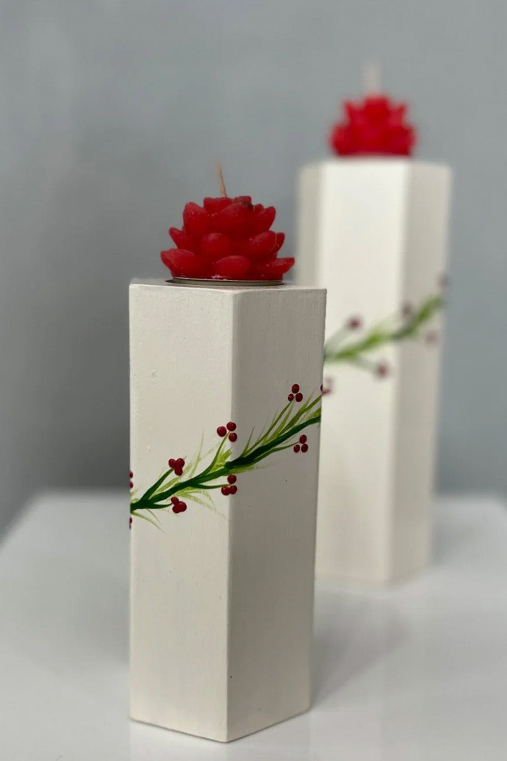 Ahşap Çiçek Desenli İkili Mumluk - 3