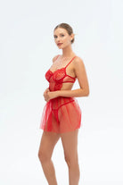 Christmas – Kırmızı Dantel Babydoll & Transparan Tül Etek Takımı - 1