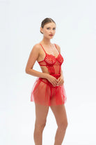 Christmas – Kırmızı Dantel Babydoll & Transparan Tül Etek Takımı - 2