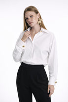 Gold Düğme Detaylı Şık Beyaz Gömlek - 0