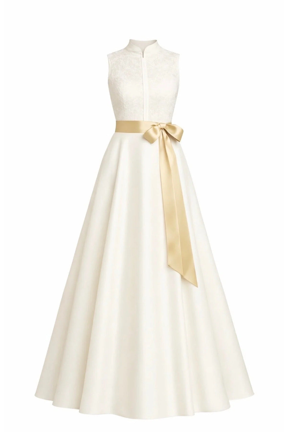 Dantel Kaplamalı Ekru Amerikan Saten Kolsuz Maxi Elbise - 1