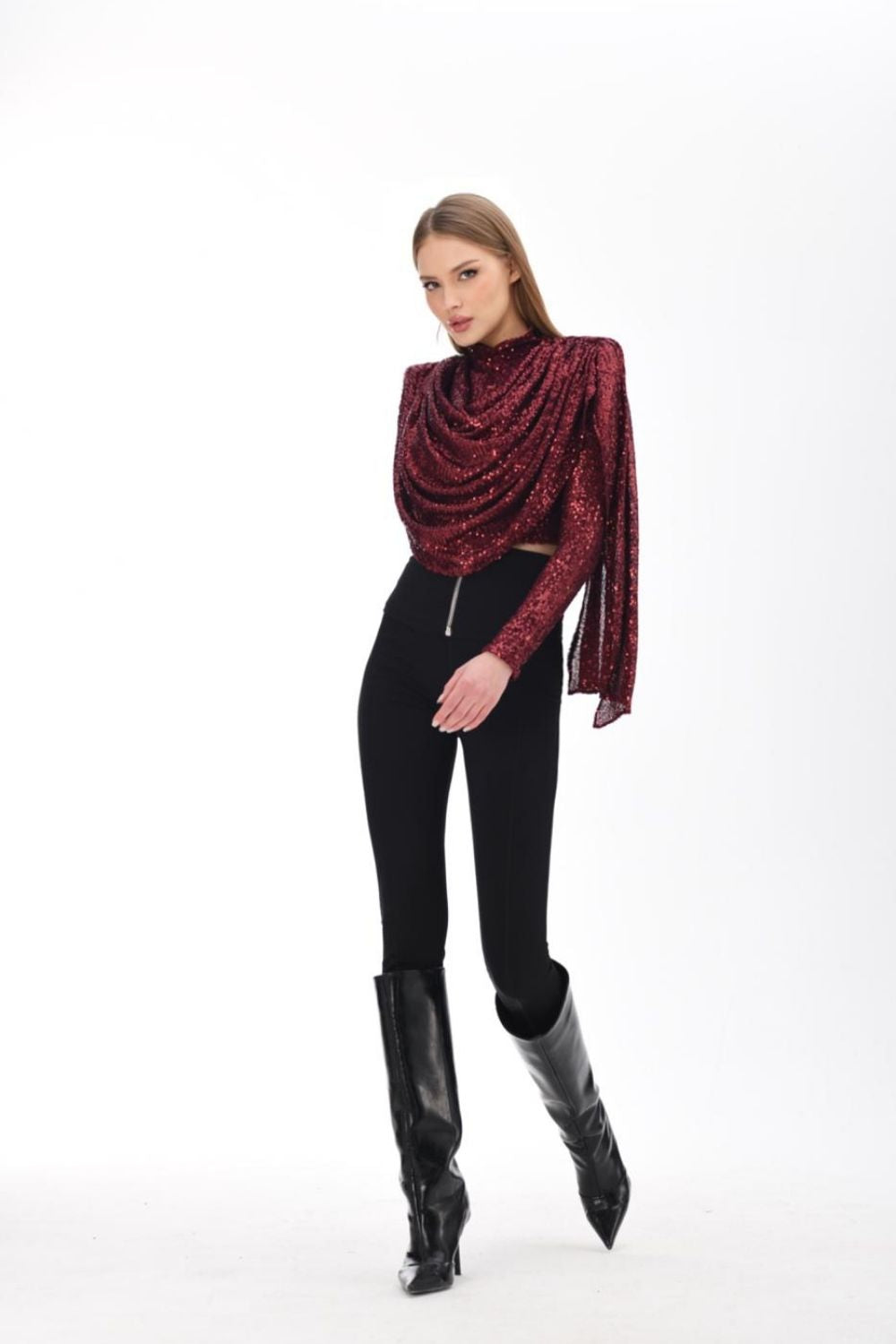 Bordo Payetli Şal Detaylı Bluz - 0