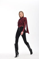 Bordo Payetli Şal Detaylı Bluz - 2