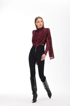 Bordo Payetli Şal Detaylı Bluz - 3