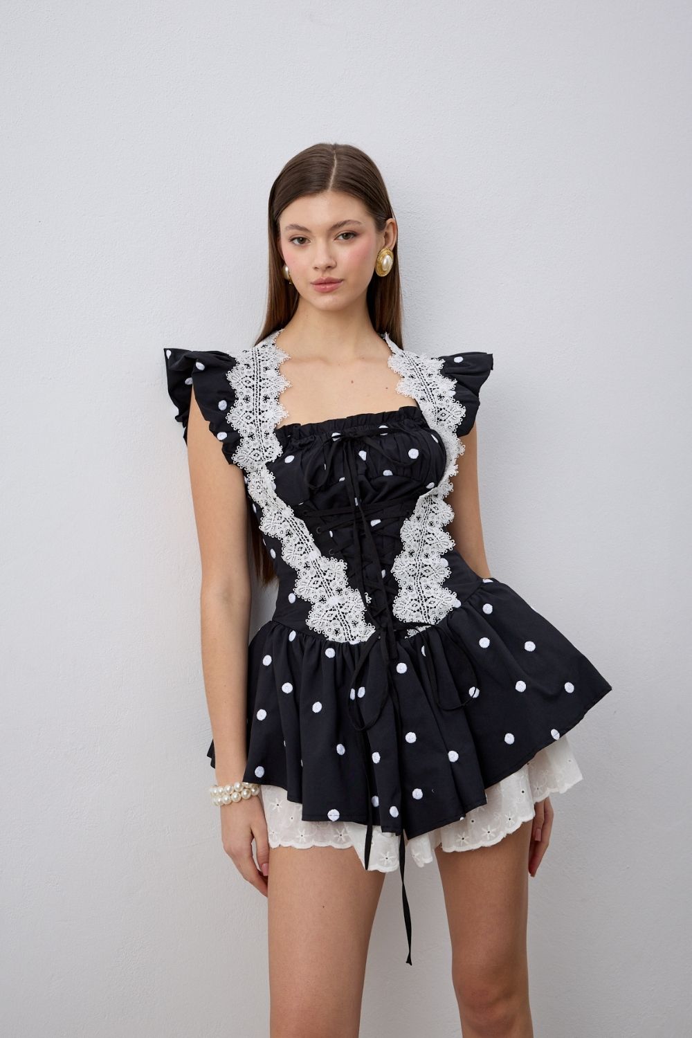 Lina Fistolu Mini Puantiyeli Siyah Elbise - 0