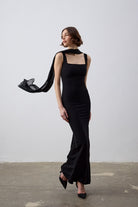 Helena Şal Detaylı Kare Yaka Siyah Elbise - 0