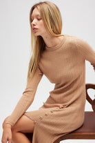Zaira Mini Saç Örgü Desenli, Yırtmaçlı Elbise Camel - 0