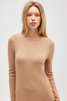 Zaira Mini Saç Örgü Desenli, Yırtmaçlı Elbise Camel - 4