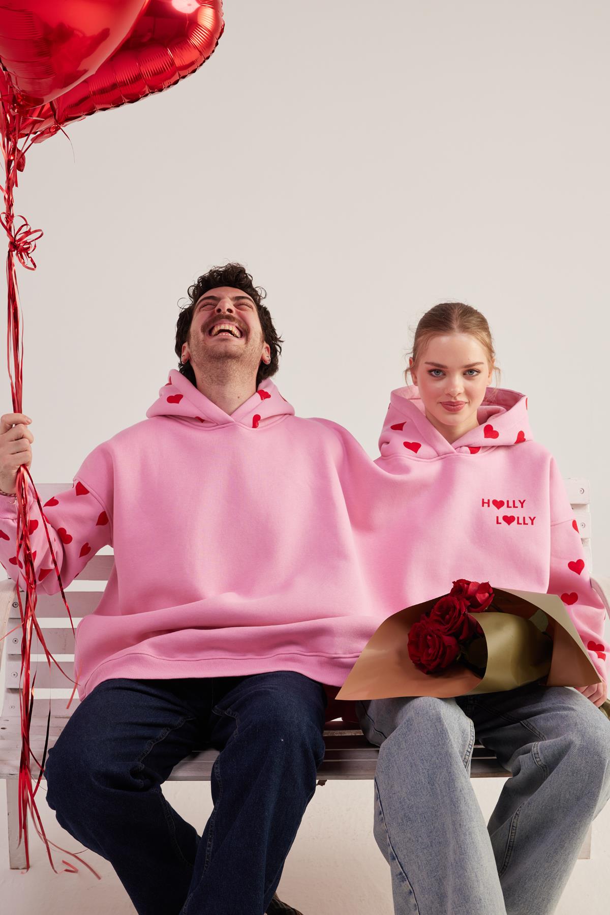 Kalp Baskılı Çift Giyilir Lovebombing Sweatshirt Pembe - 0