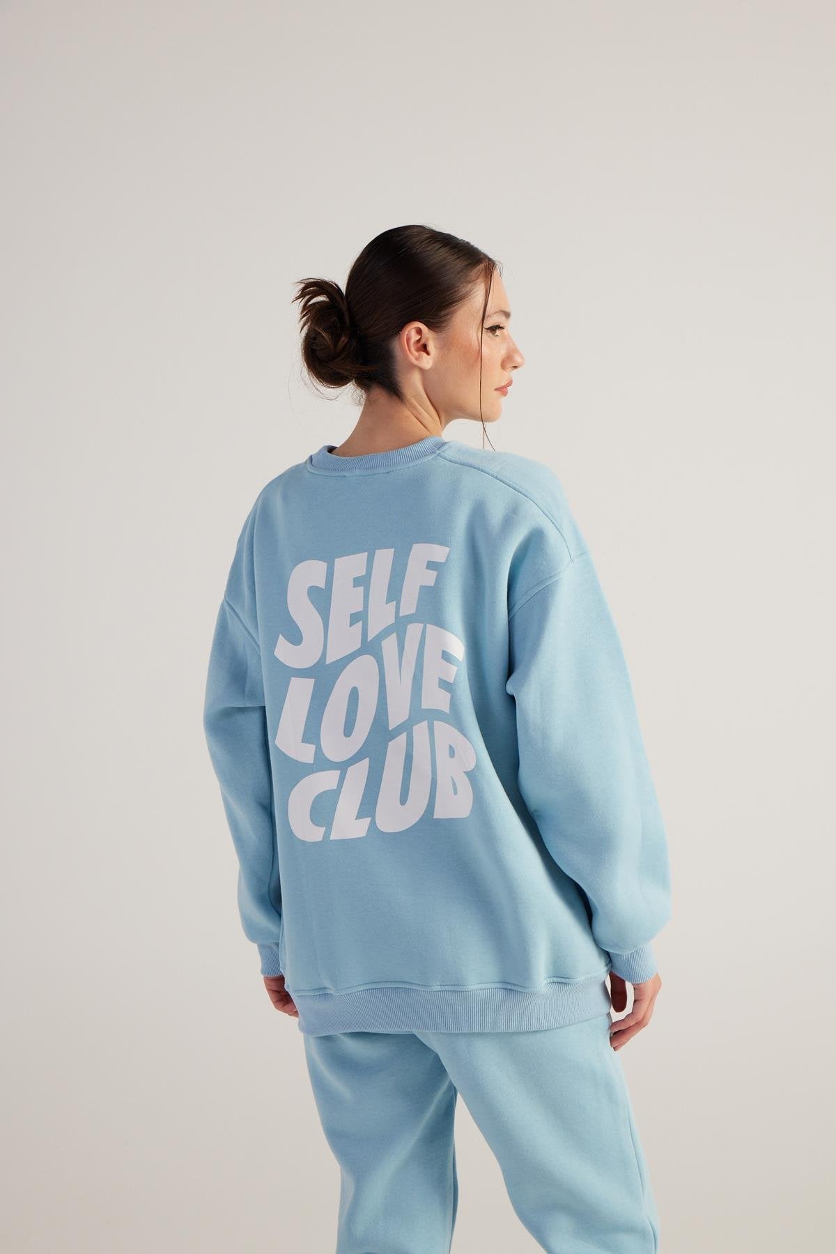 Kadın Mavi Oversize Şardonlu Yazı Baskılı Fluffy Sweatshirt - 0