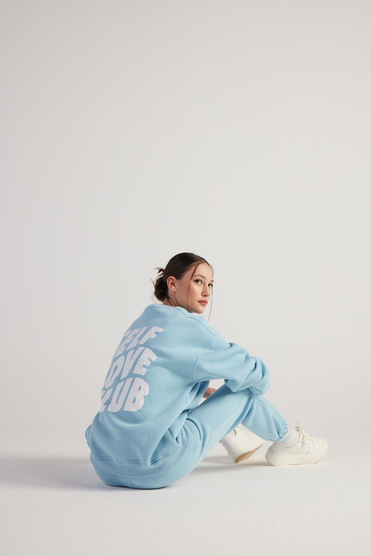 Kadın Mavi Oversize Şardonlu Yazı Baskılı Fluffy Sweatshirt - 1