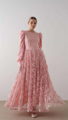 Dantelli Eteği Kabarık Elbise – Pembe - 0