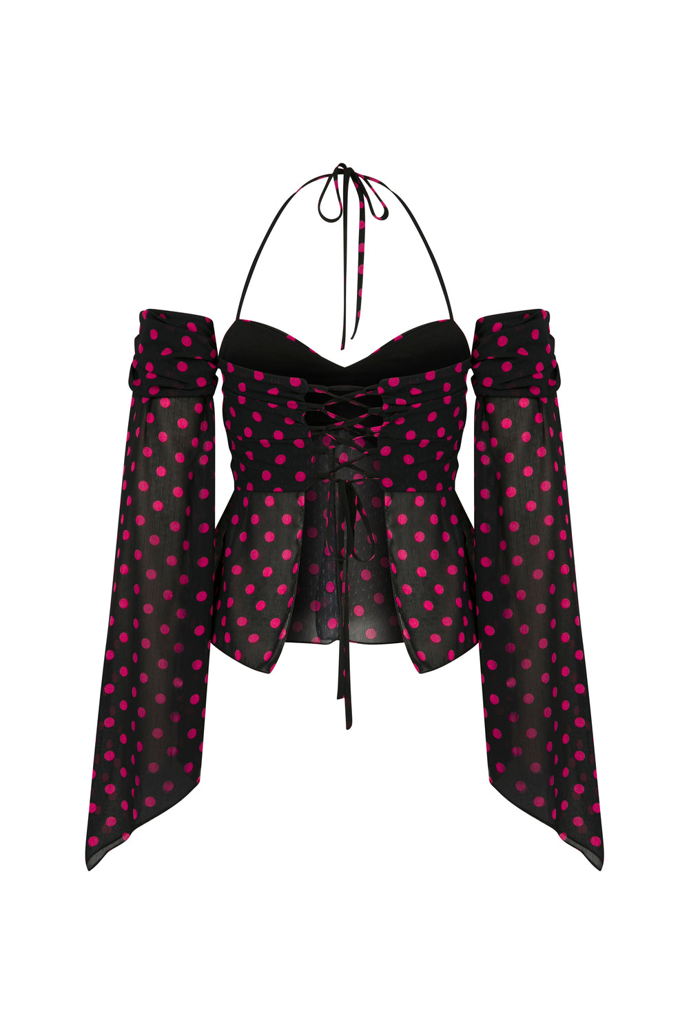 Fuşya Puantiye Desenli Şifon Crop Bluz - 2