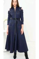 Önden Fermuarlı & Utility Detaylı Indigo Denim Maxi Şık Elbise - 1