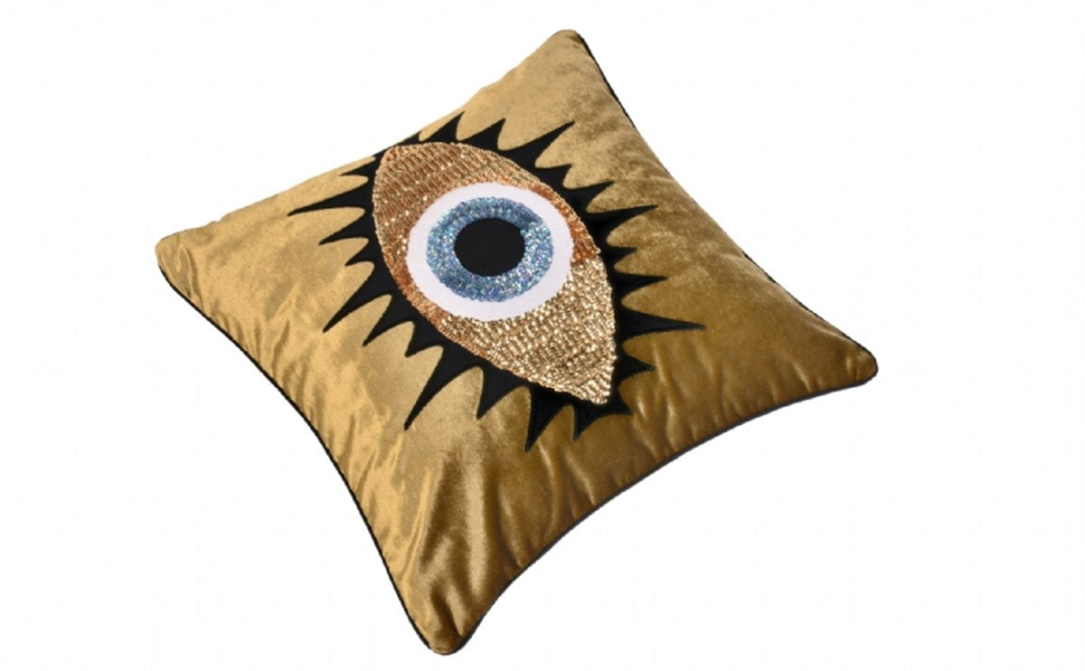 Dekoratif Kirpikli Göz Desenli Pullu Gold Kadife Kırlent Kılıfı 45 X 45 Cm - 3