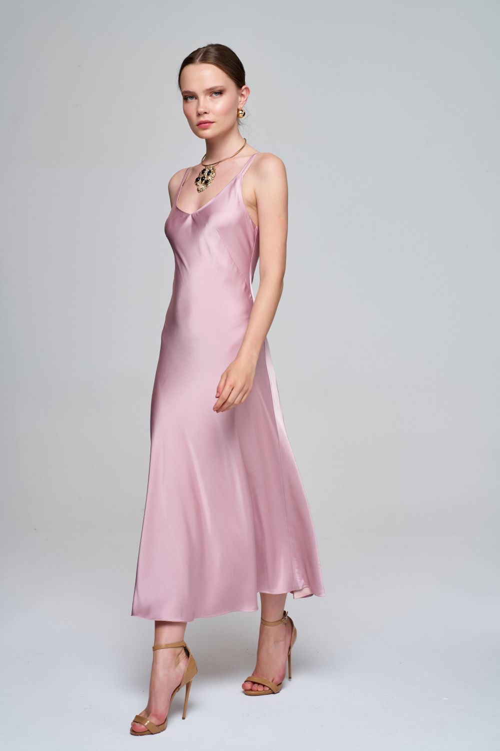 Çift Taraflı Saten Somon/Pudra Pembesi Elbise - 1