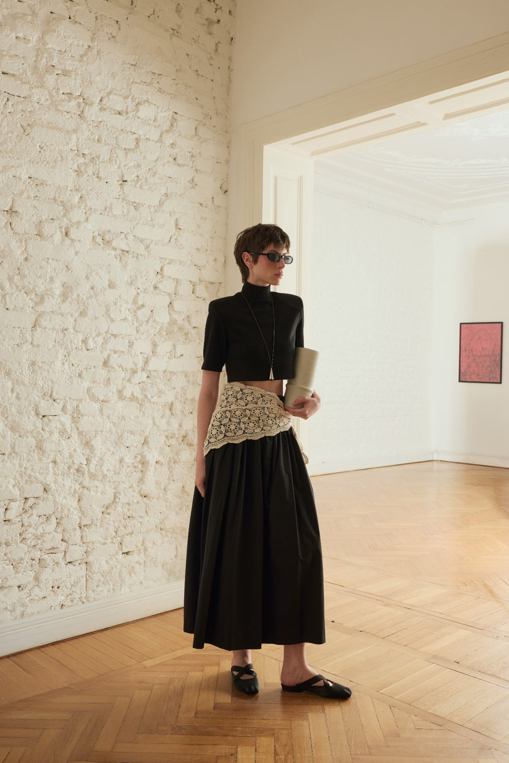 Poplin Yüksek Bel Siyah Midi Etek - 5