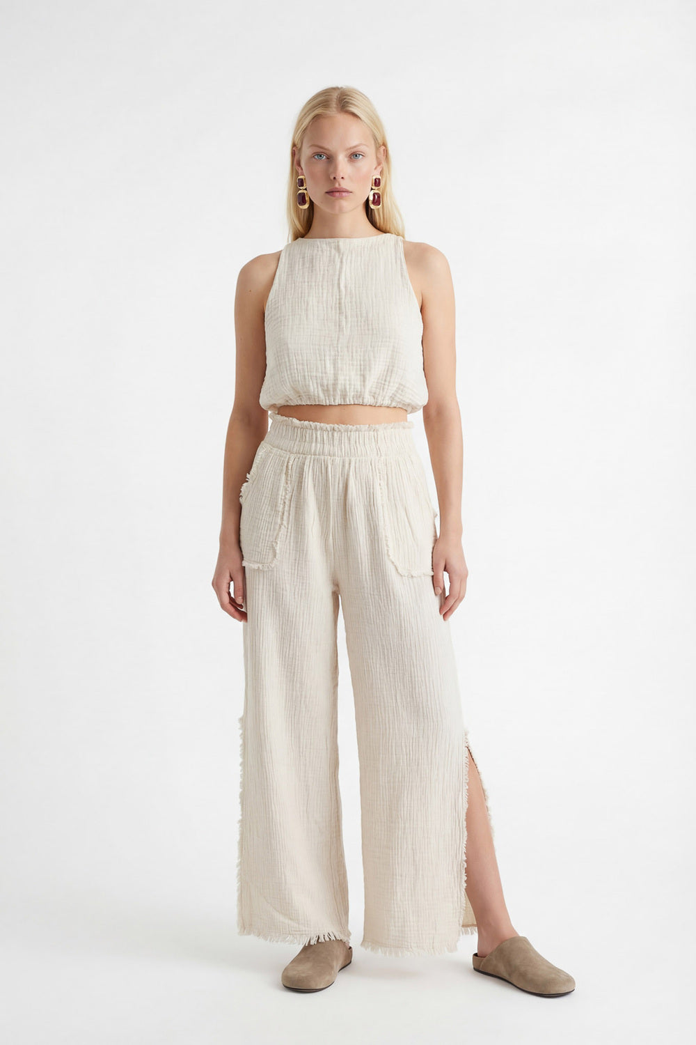 Crinkle Linen Yırtmaçlı Pantolon - 0