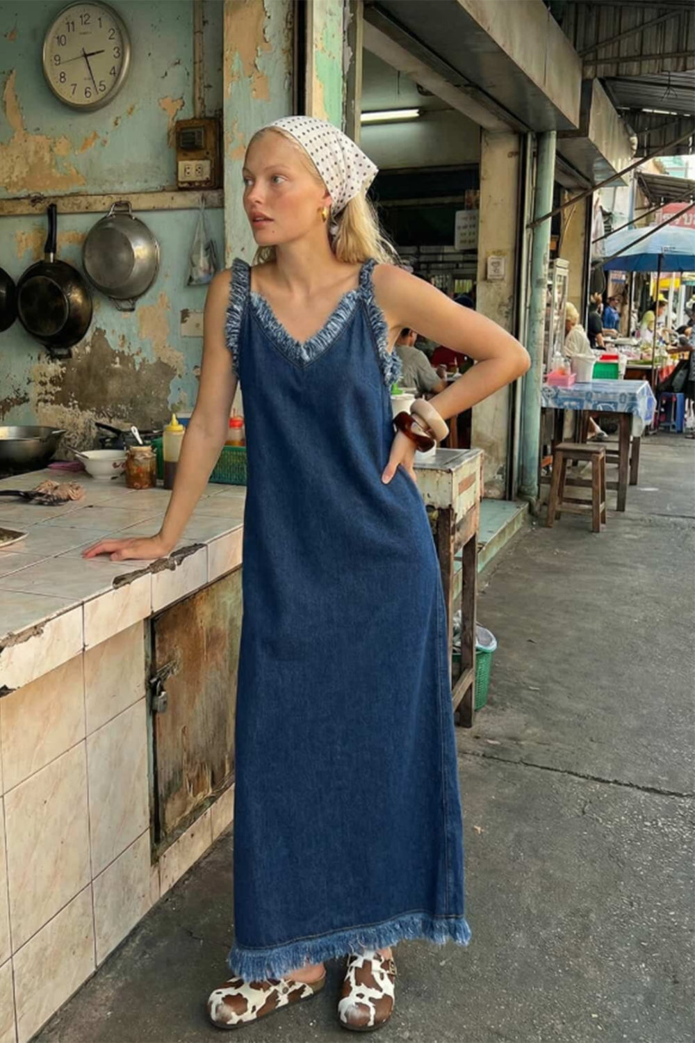 Denim Askılı Elbise - 0