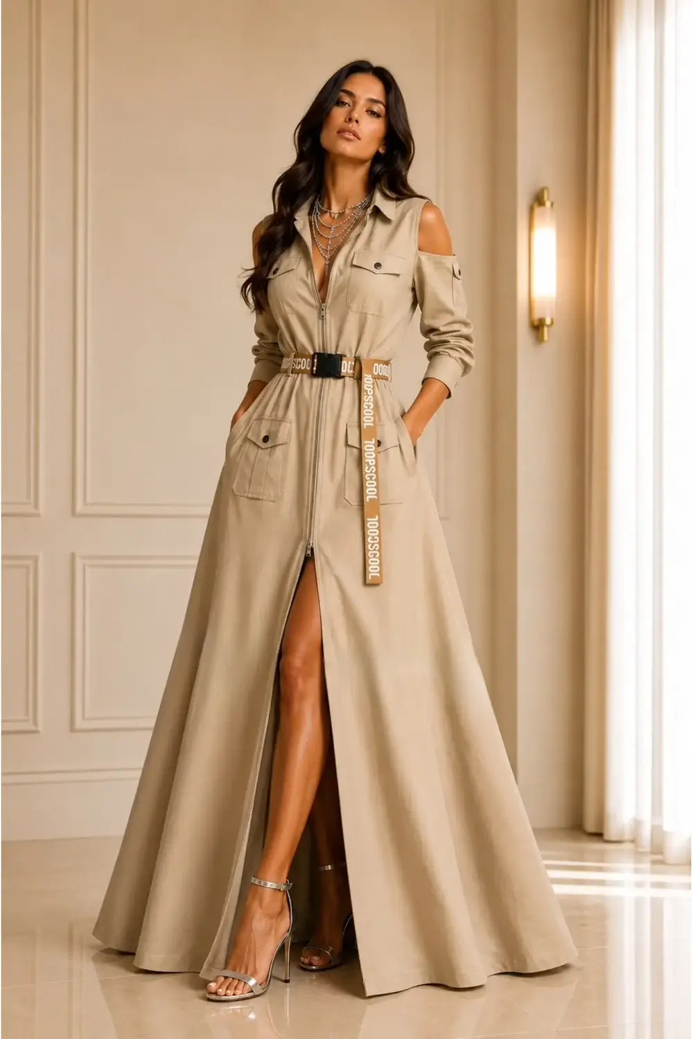 Dekoratif Cep Detaylı & Fermuarlı Camel Maxi Tasarım Elbise - 0