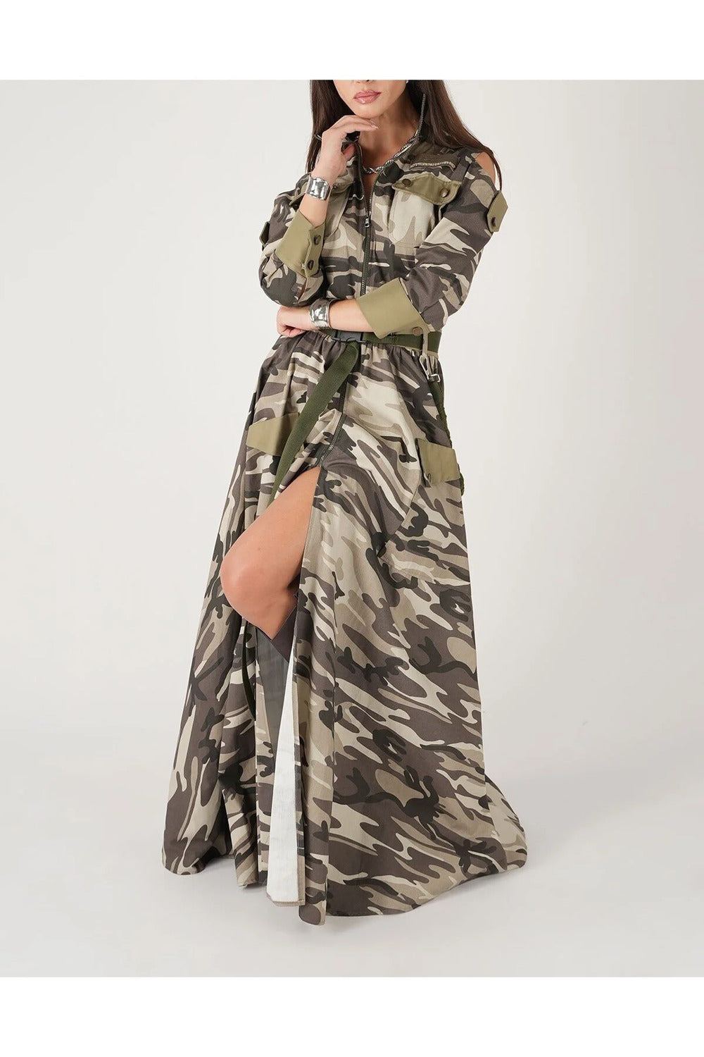 Kamuflaj Desenli Military & Utility Detaylı Maxi Tasarım Elbise - 2