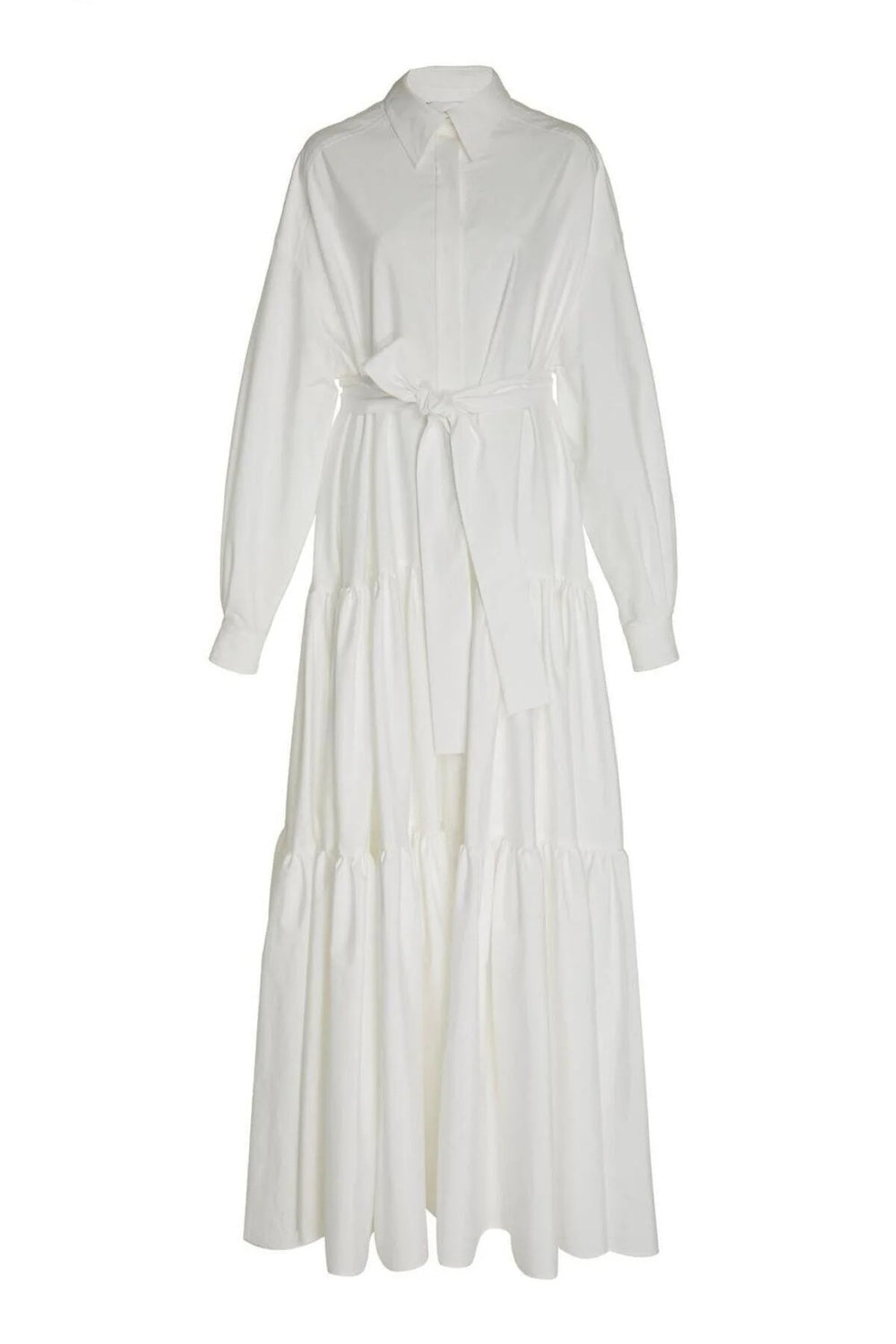 Katmanlı & Fırfırlı Off-White Poplin Gömlek Maxi Elbise - 1