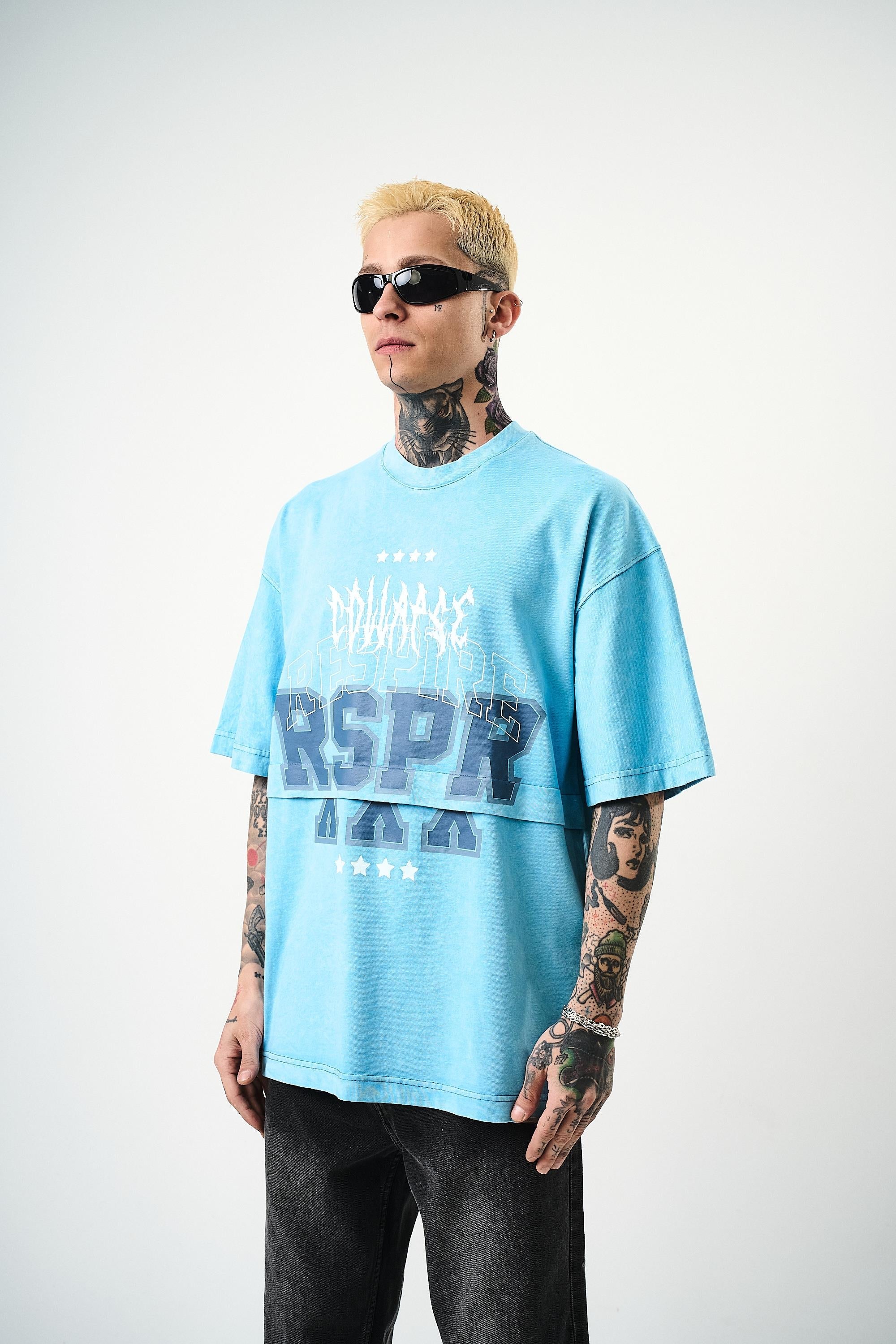 Respire Baskılı Yıkamalı Oversize T-Shirt Mavi - 2