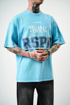 Respire Baskılı Yıkamalı Oversize T-Shirt Mavi - 4