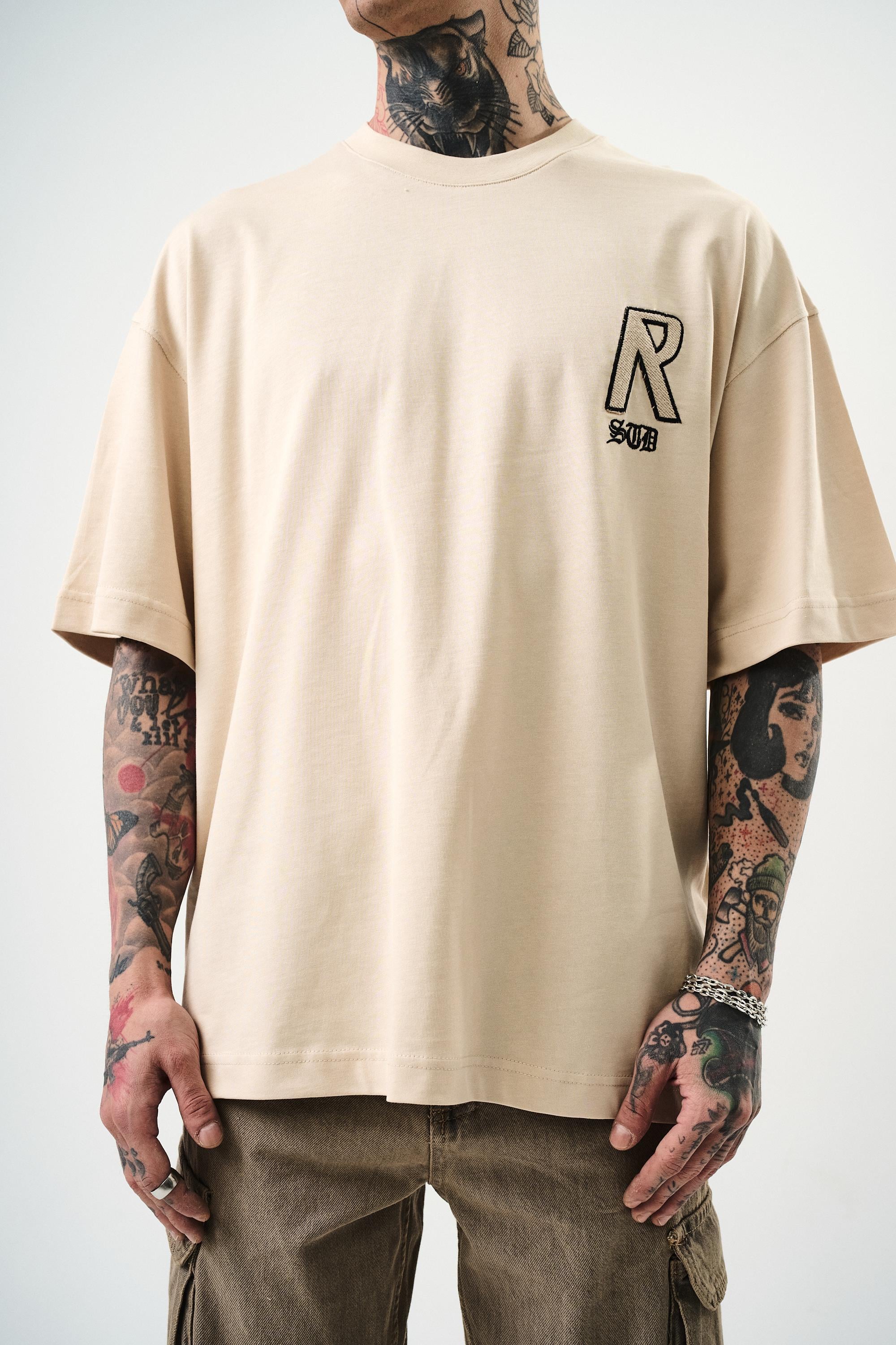 Erkek R Creative Nakışlı Oversize T-Shirt Bej - 4