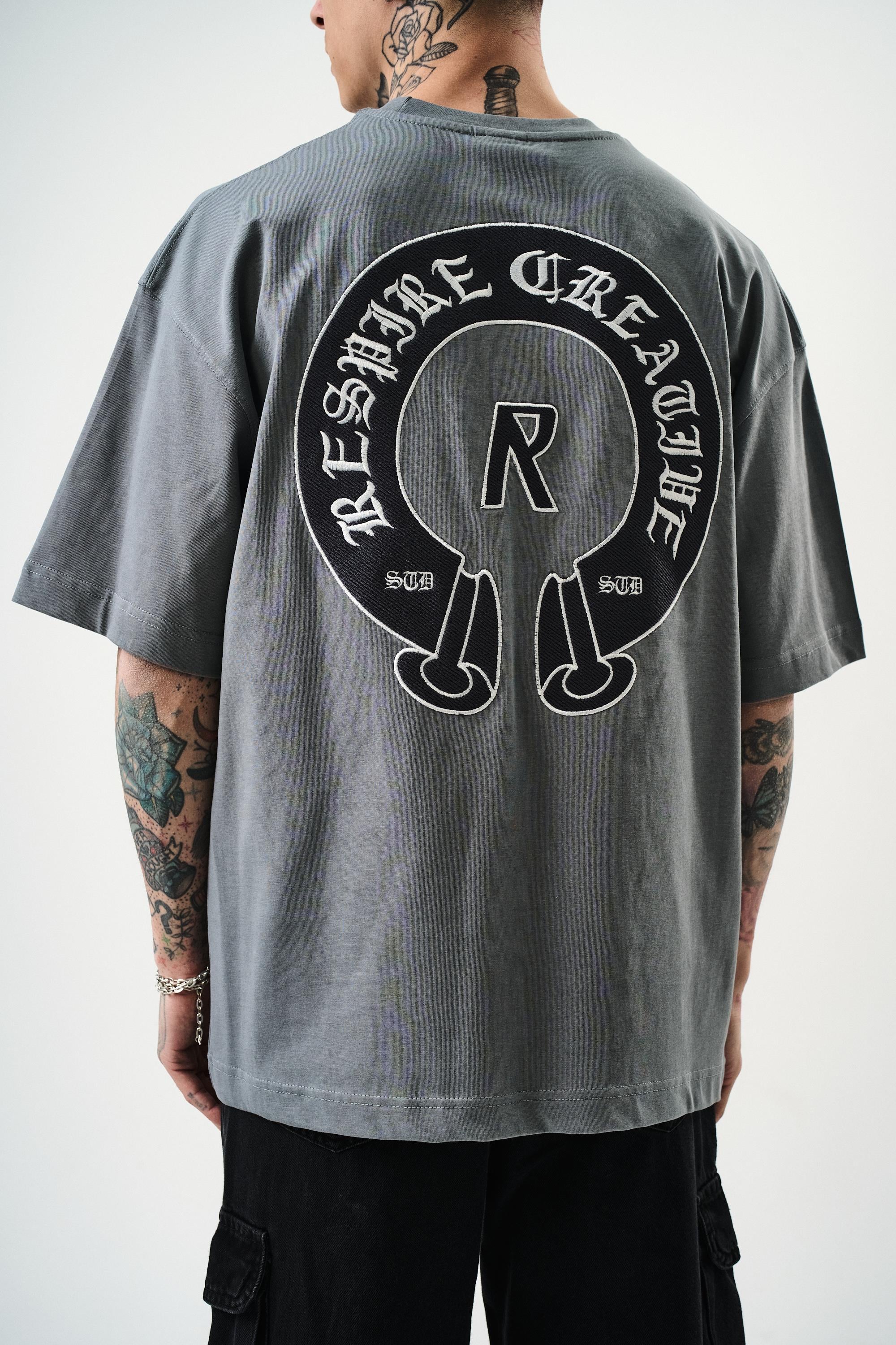 Erkek R Creative Nakışlı Oversize T-Shirt Füme - 3
