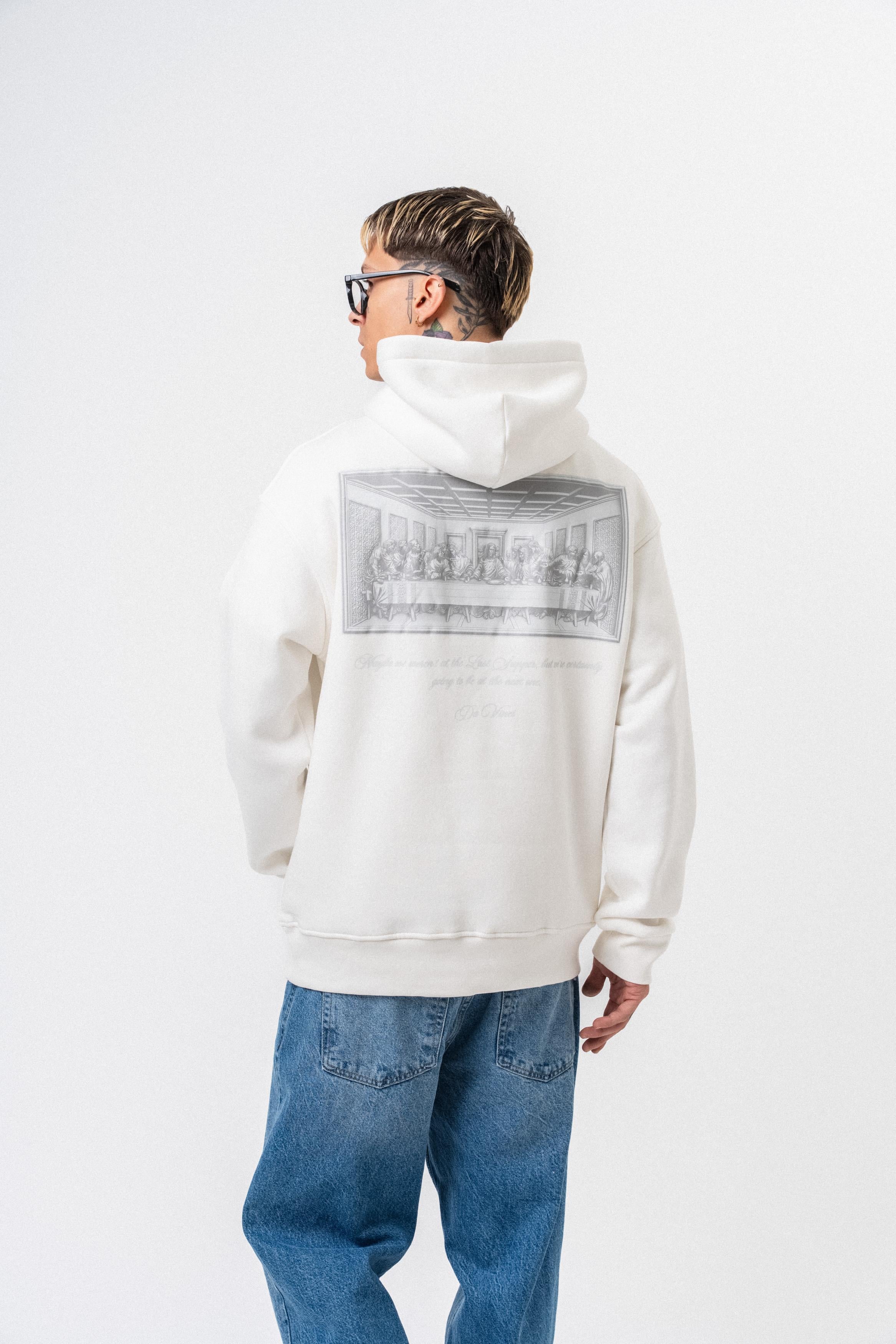 Erkek Da Vinci Baskılı Kapüşonlu Oversize Hoodie Ekru - 4